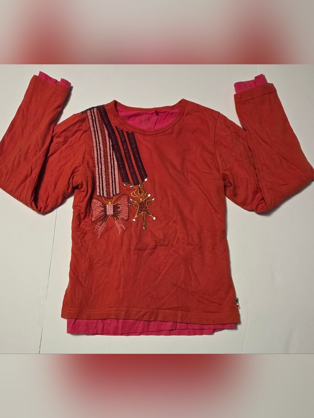 Oilily Red Layered-Look Long Sleeve Top with Pink Details